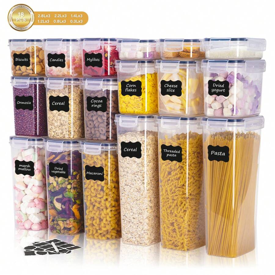 4/6/7/10/12/18/24pcs Airtight Food Storage Containers: Plastic Canisters For Spaghetti, Dry Food, Flour & Sugar - Includes Labels!