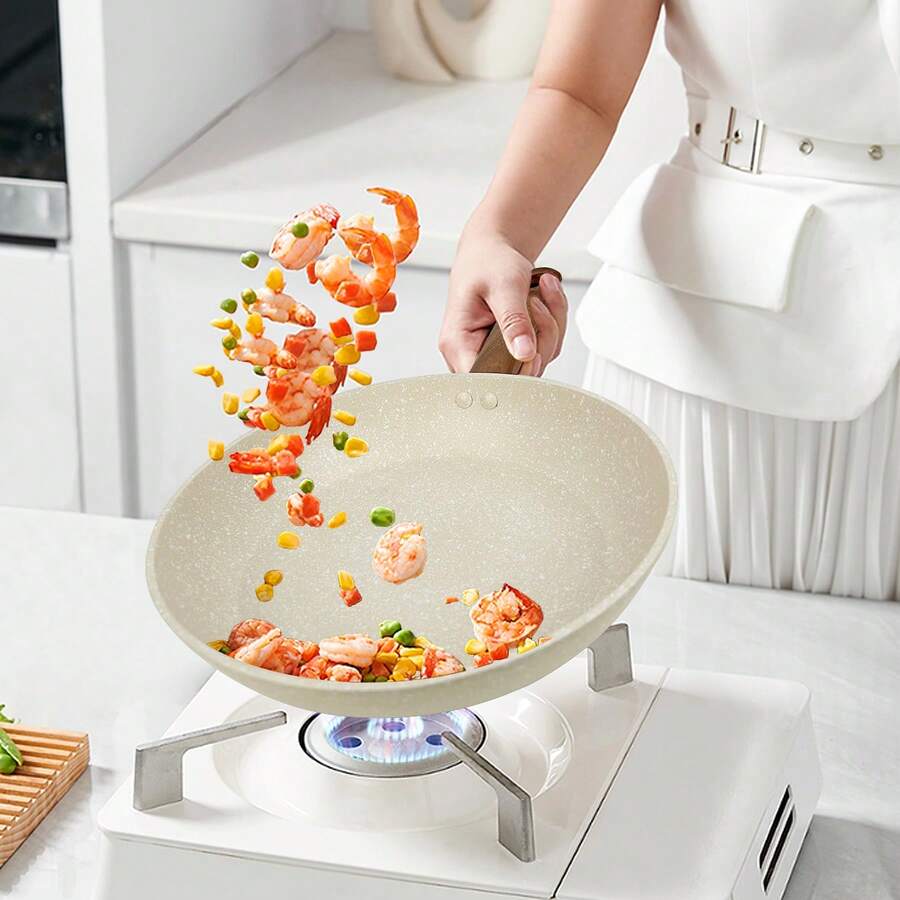 1pc/2pcs/3pcs Cookware Set, Thick Bottom Non-Stick Coating, Wooden Handle, Easy To Clean, Suitable For Various Stoves And Kitchen Cooking, Note The Size, Choose Set Or Single Pan