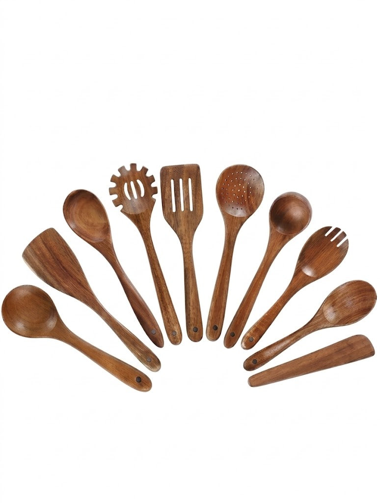 10pcs Wooden Cooking Utensil Set, Boxwood Kitchen Tools Set, Suitable For Non-Stick Pans & Cookware, Includes Spoons & Spatulas, Sturdy, Lightweight, Heat Resistant