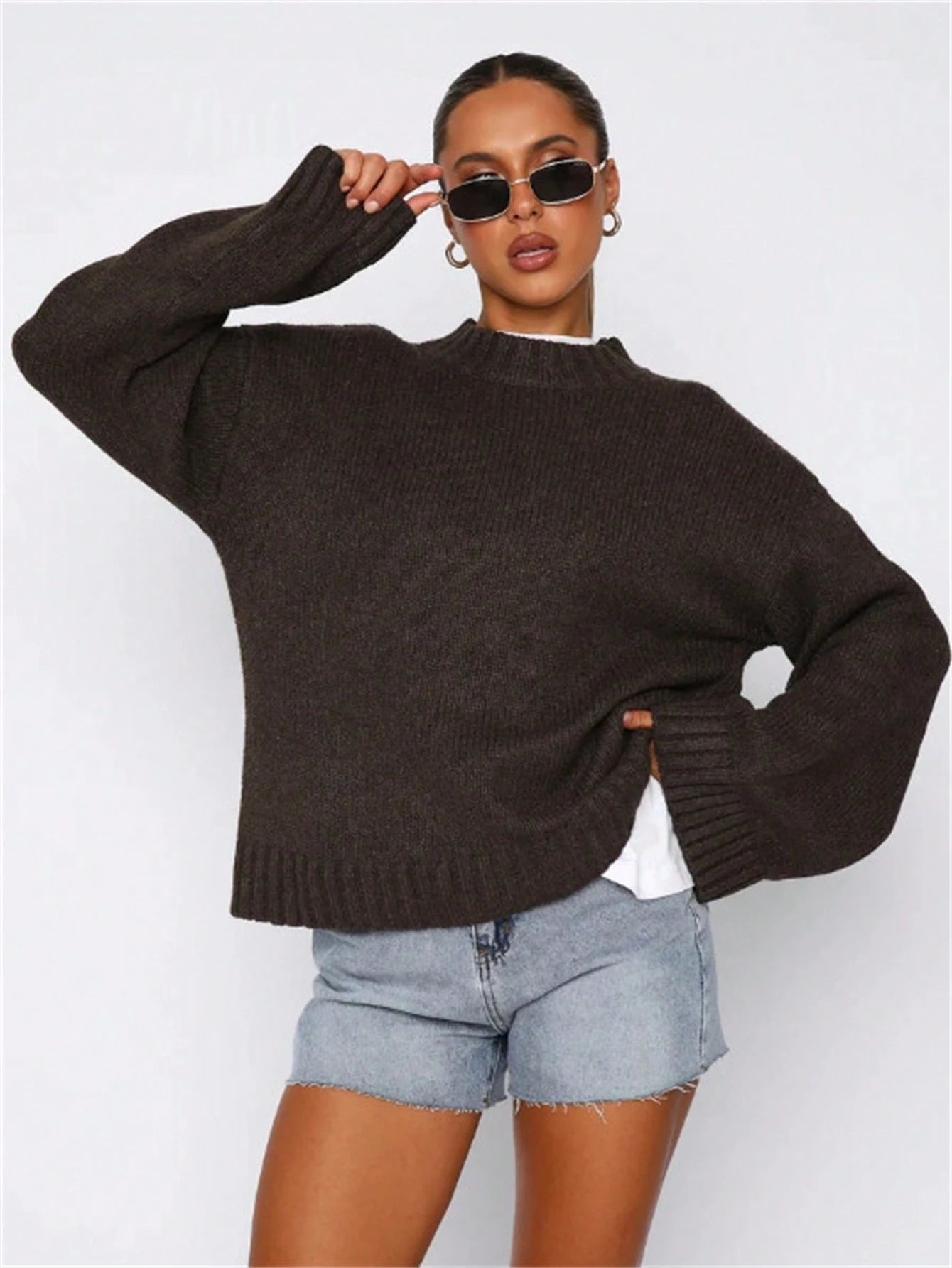 Women's Soft Knit Stand Collar Sweater – Loose Fit Long Sleeve Pullover
