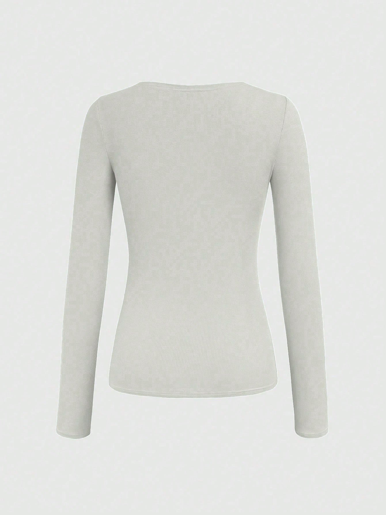 Women's Ribbed Button Long Sleeve Top – Slim Fit Casual Scoop Neck T-Shirt