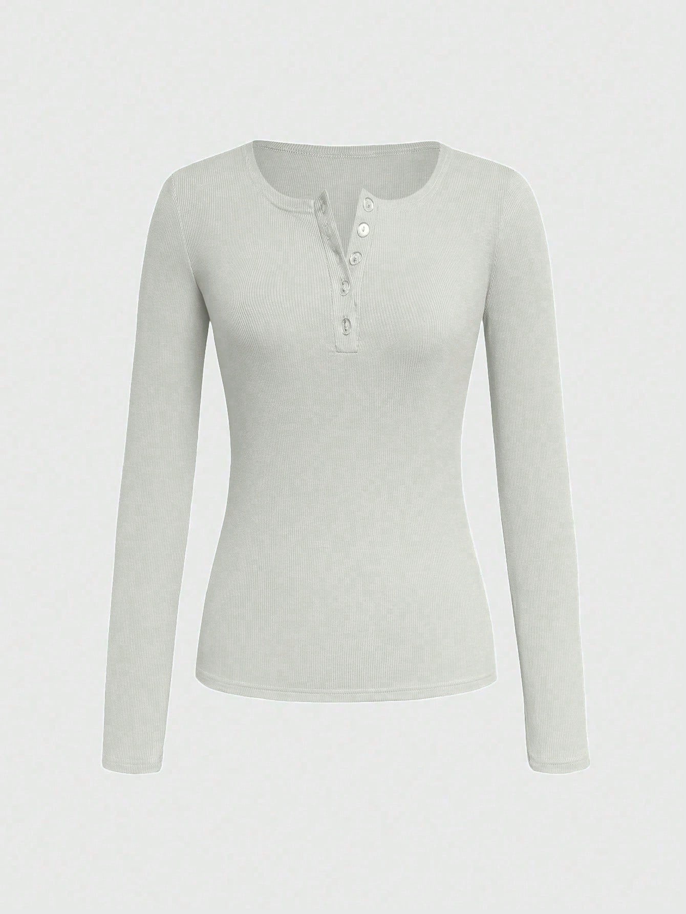 Women's Ribbed Button Long Sleeve Top – Slim Fit Casual Scoop Neck T-Shirt