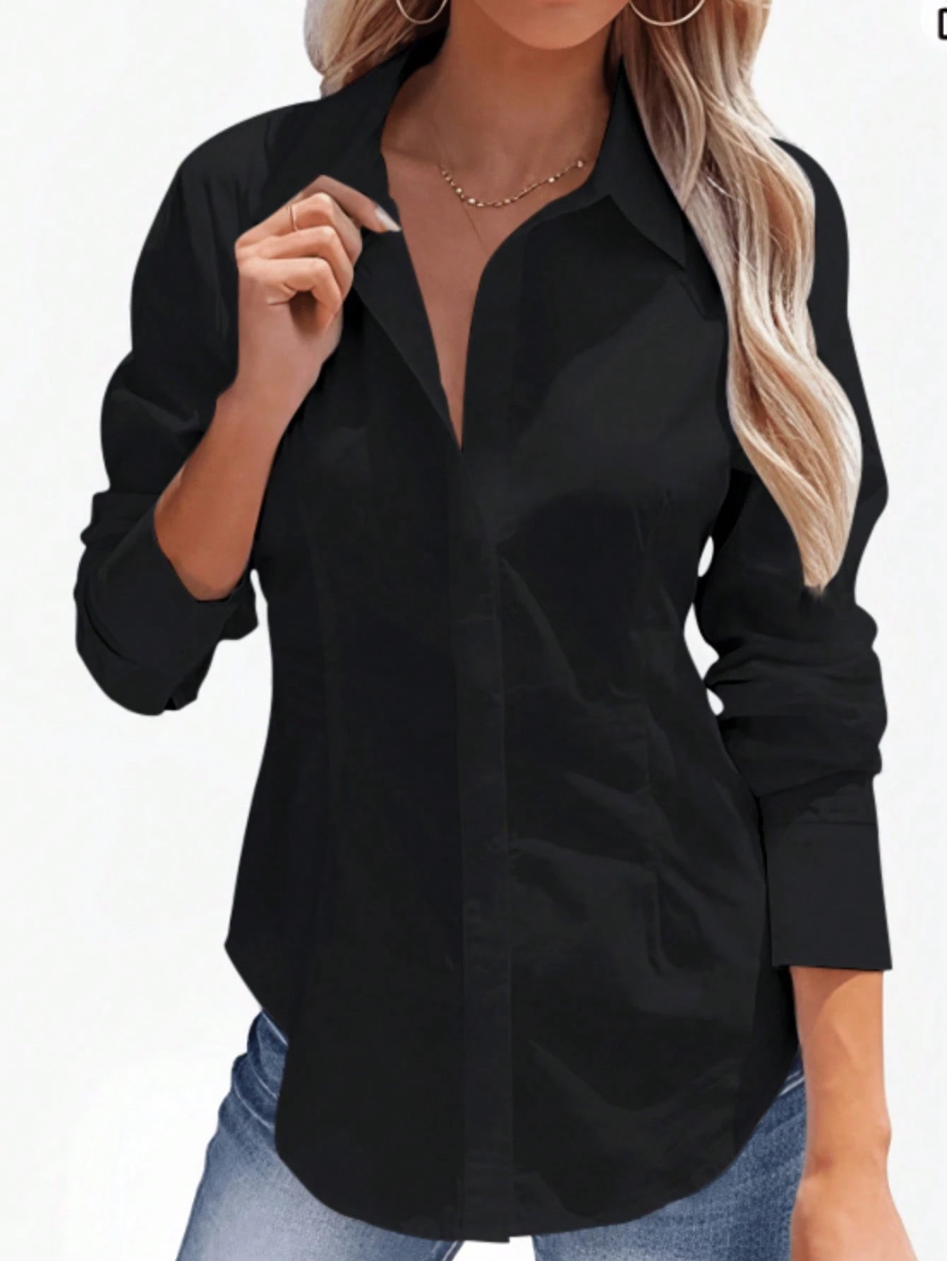 Women's Elegant Button-Up White Shirt – Casual Long Sleeve Office Blouse