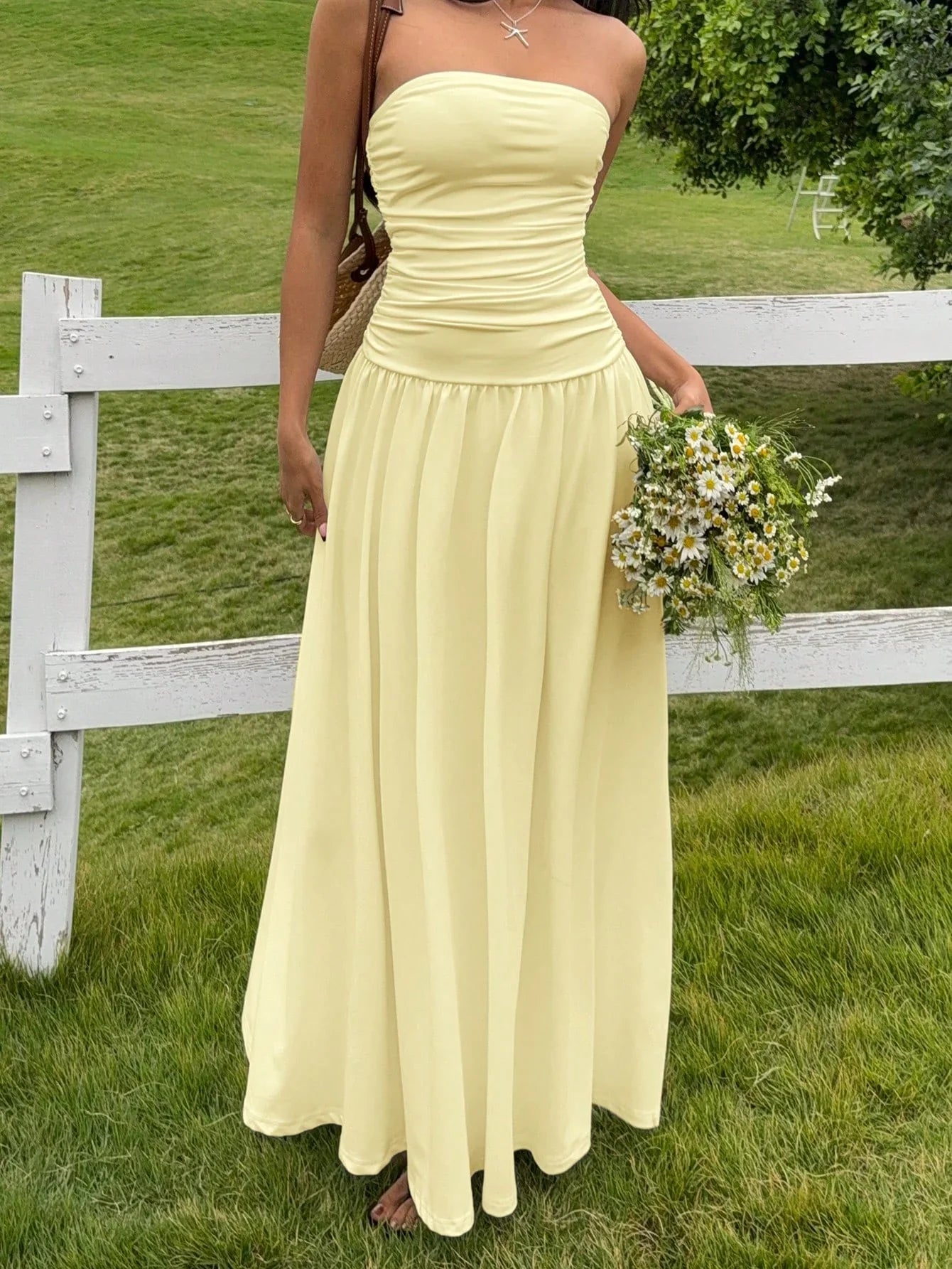 Women's Strapless Ruched Maxi Dress – Apricot Summer Vacation Dress