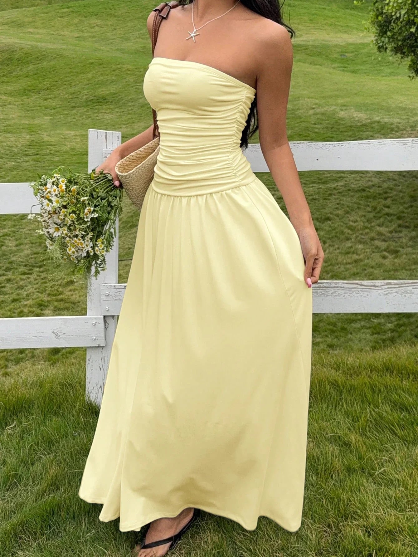 Women's Strapless Ruched Maxi Dress – Apricot Summer Vacation Dress