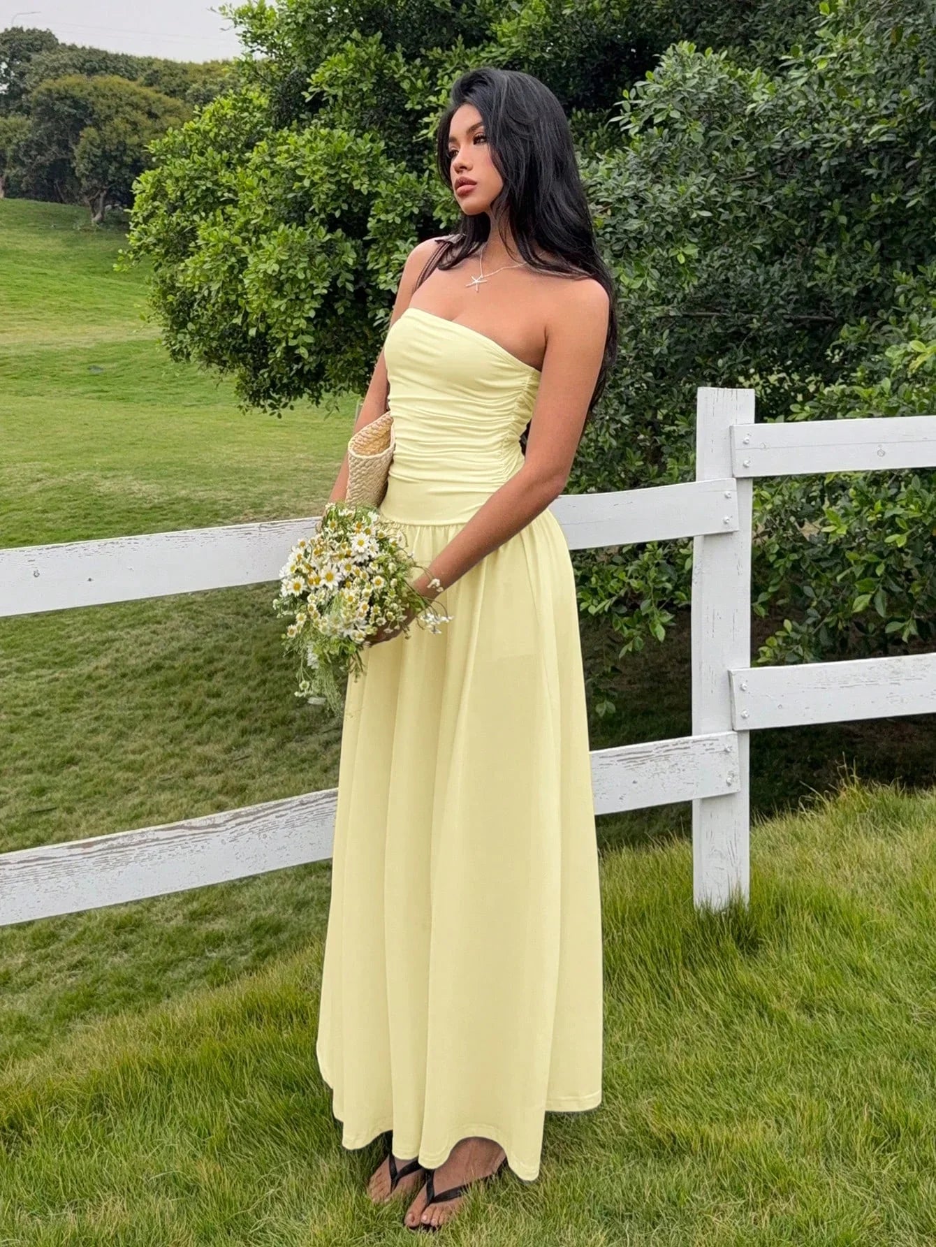Women's Strapless Ruched Maxi Dress – Apricot Summer Vacation Dress