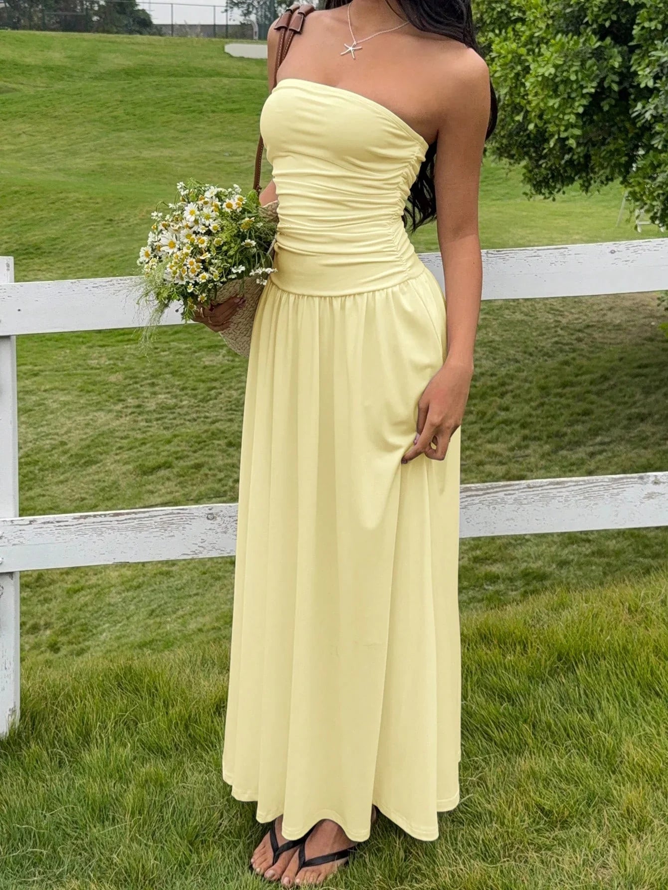 Women's Strapless Ruched Maxi Dress – Apricot Summer Vacation Dress