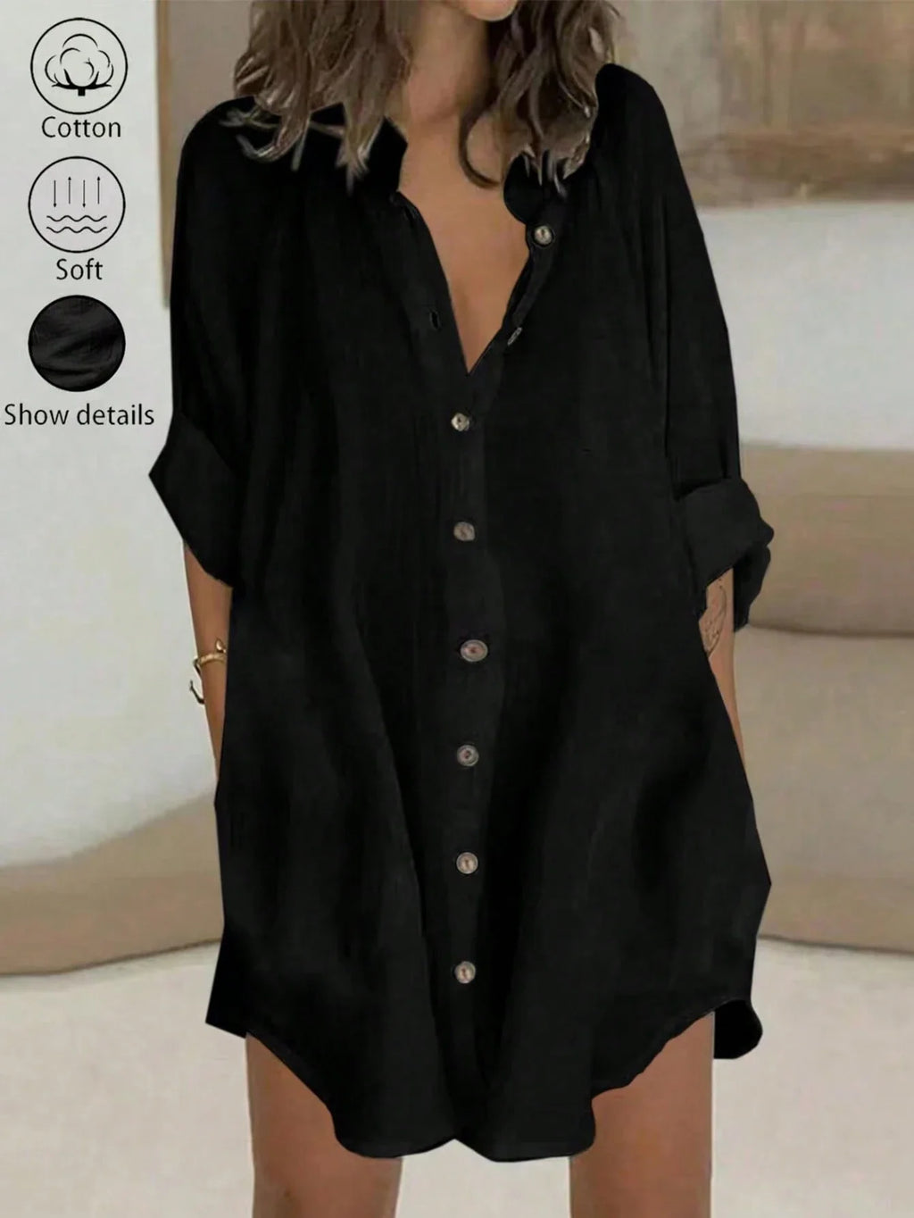 Women's Casual Button-Front Long Sleeve Shirt Dress – Black Cotton Midi Dress