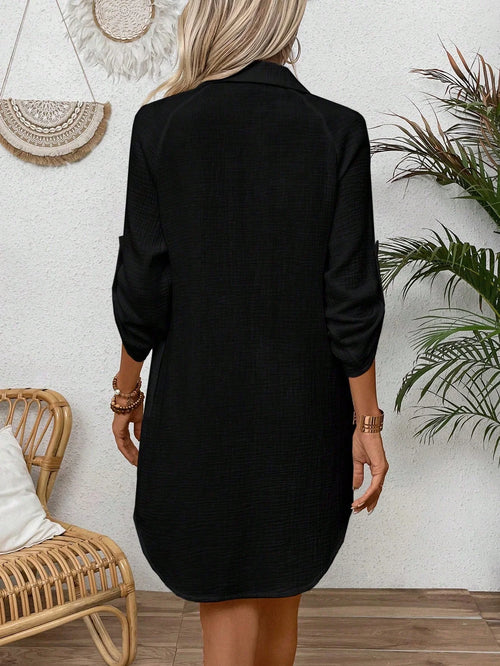 Women's Casual Button-Front Long Sleeve Shirt Dress – Black Cotton Midi Dress
