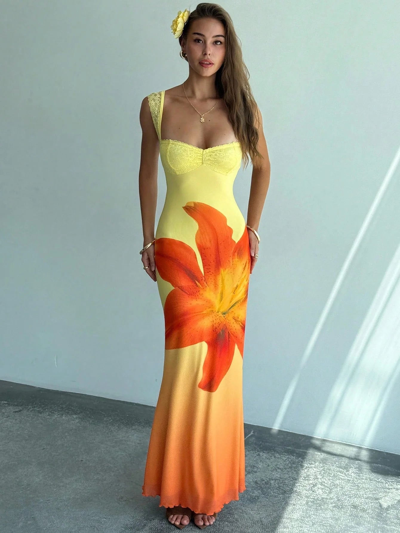 Women's Floral Mesh Backless Mermaid Maxi Dress – Yellow Gradient Bodycon Dress