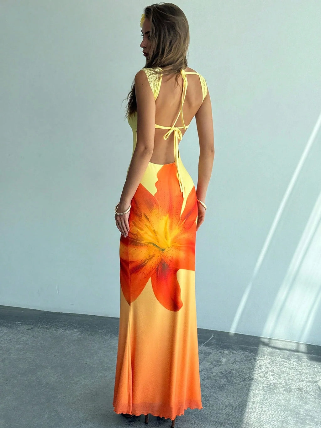 Women's Floral Mesh Backless Mermaid Maxi Dress – Yellow Gradient Bodycon Dress