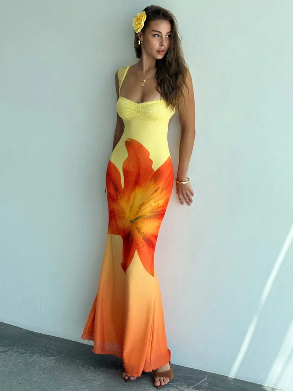 Women's Floral Mesh Backless Mermaid Maxi Dress – Yellow Gradient Bodycon Dress