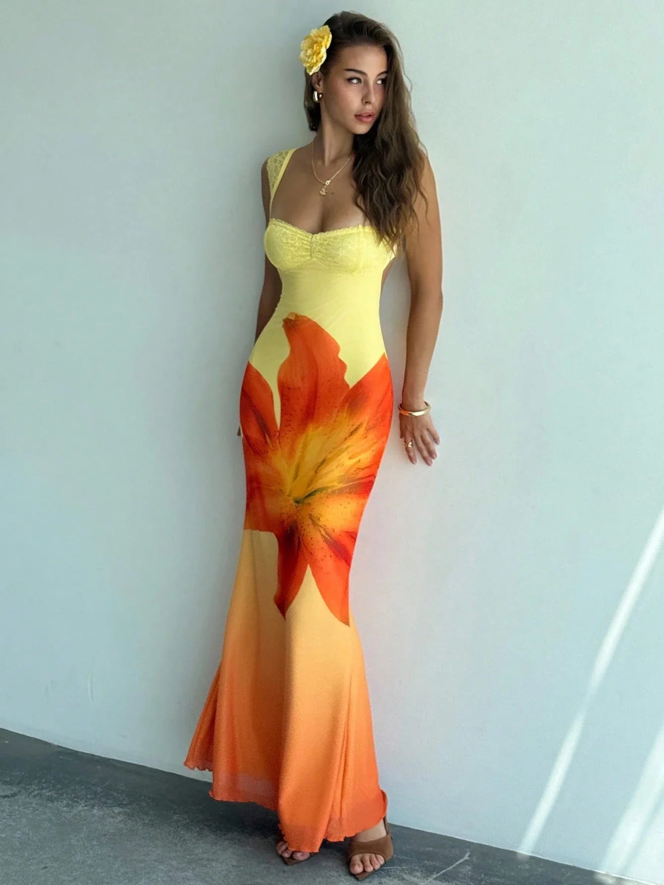 Women's Floral Mesh Backless Mermaid Maxi Dress – Yellow Gradient Bodycon Dress