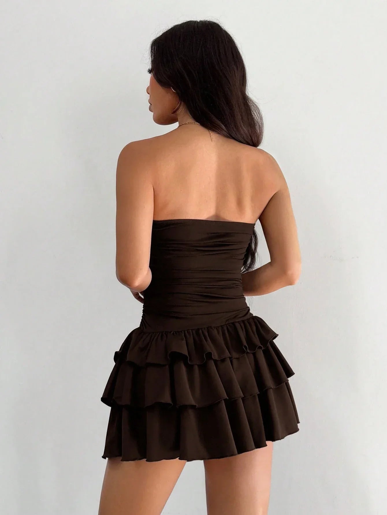 Women's Brown Strapless Ruffle Hem Mini Dress – Backless A-Line Summer Dress