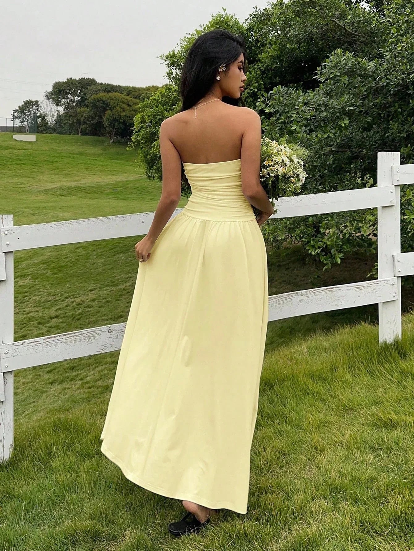 Women's Strapless Ruched Maxi Dress – Apricot Summer Vacation Dress