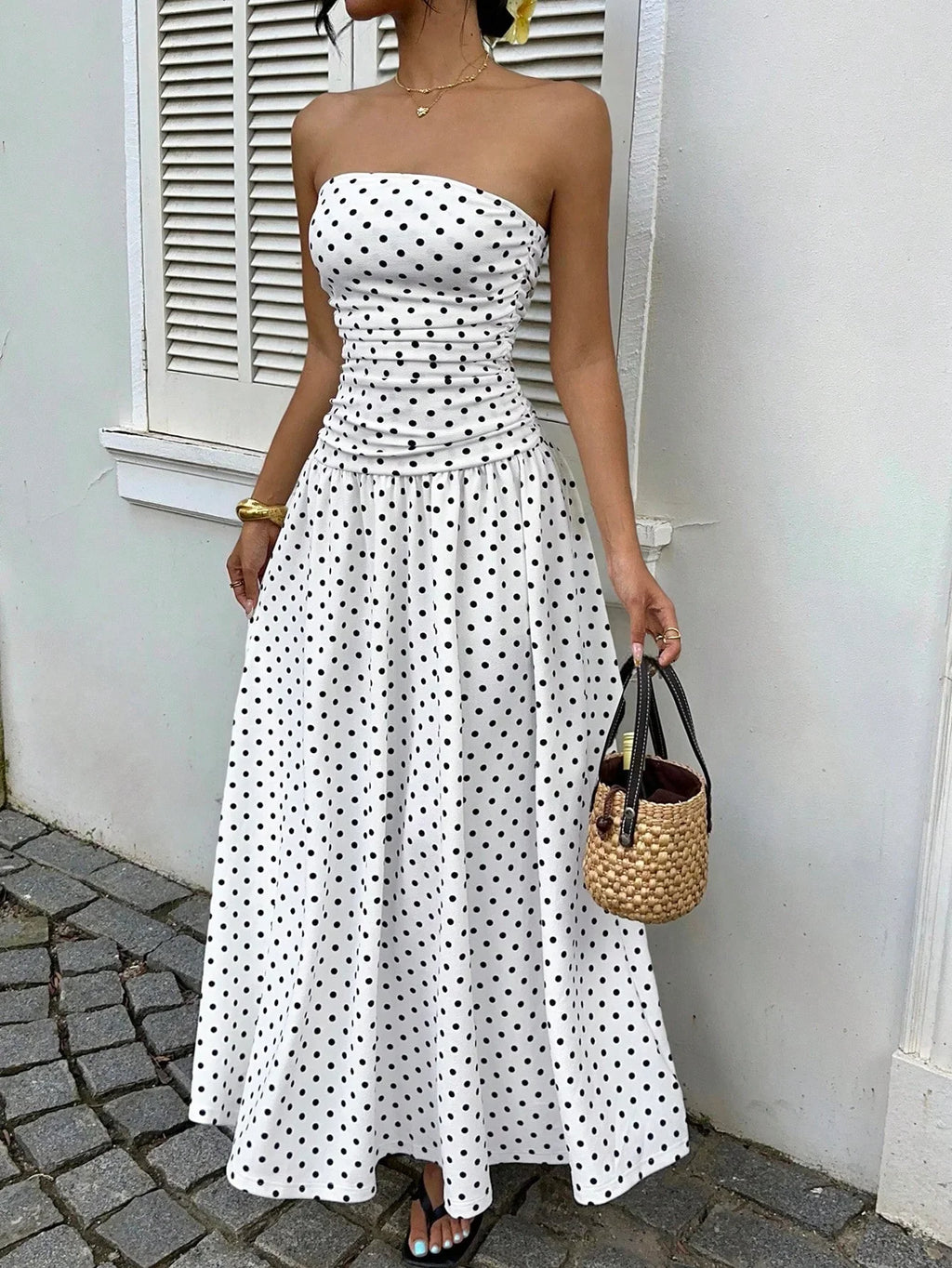 Women's Polka Dot Strapless Ruffle Maxi Dress – Backless A-Line Vacation & Party Dress