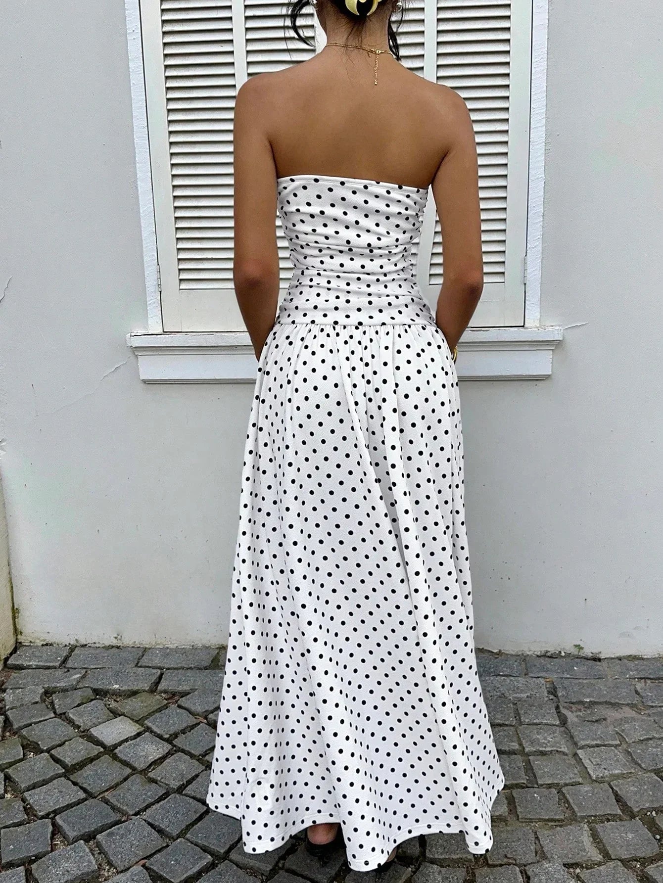 Women's Polka Dot Strapless Ruffle Maxi Dress – Backless A-Line Vacation & Party Dress