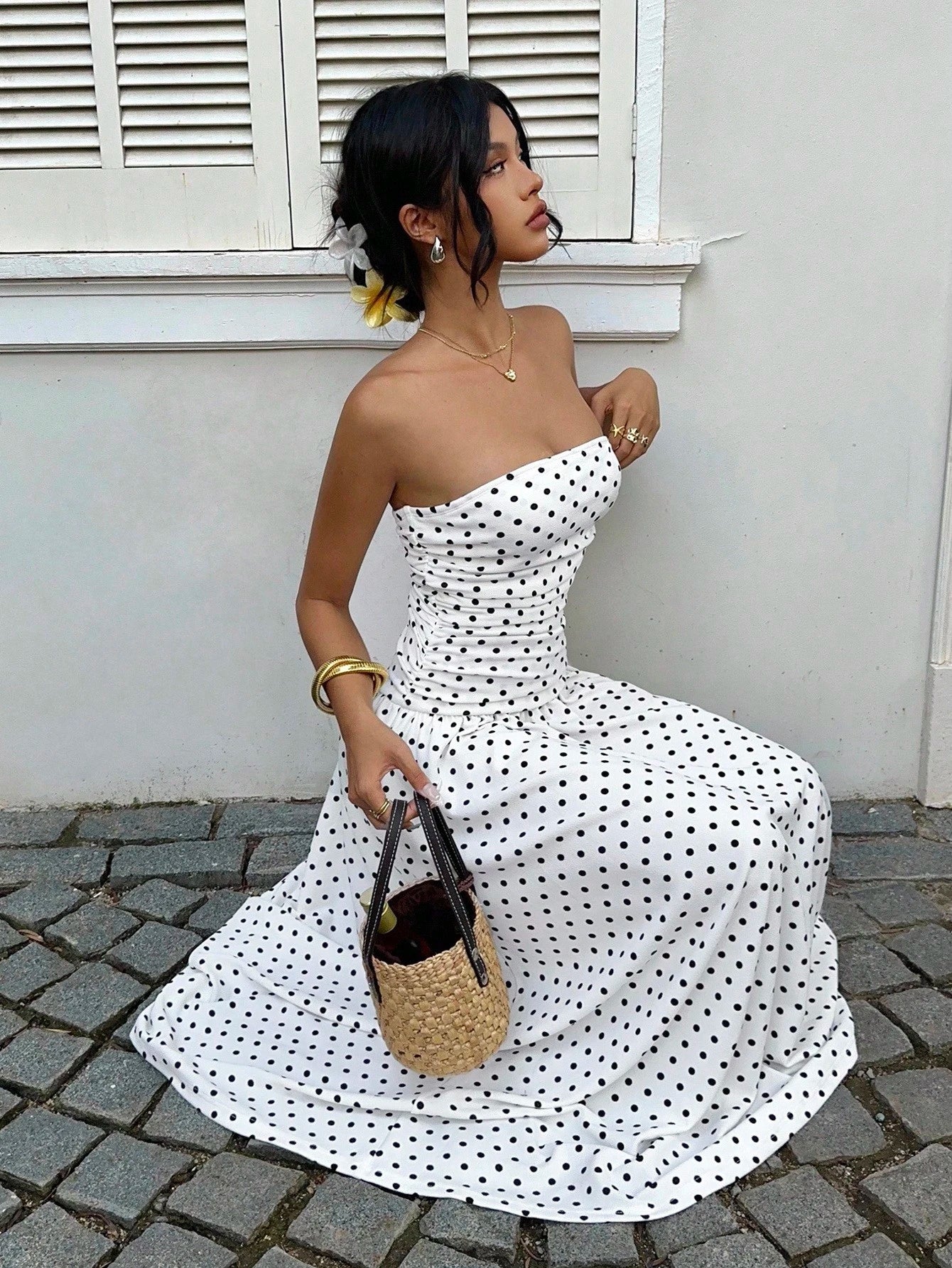 Women's Polka Dot Strapless Ruffle Maxi Dress – Backless A-Line Vacation & Party Dress