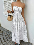 Women's Polka Dot Strapless Ruffle Maxi Dress – Backless A-Line Vacation & Party Dress