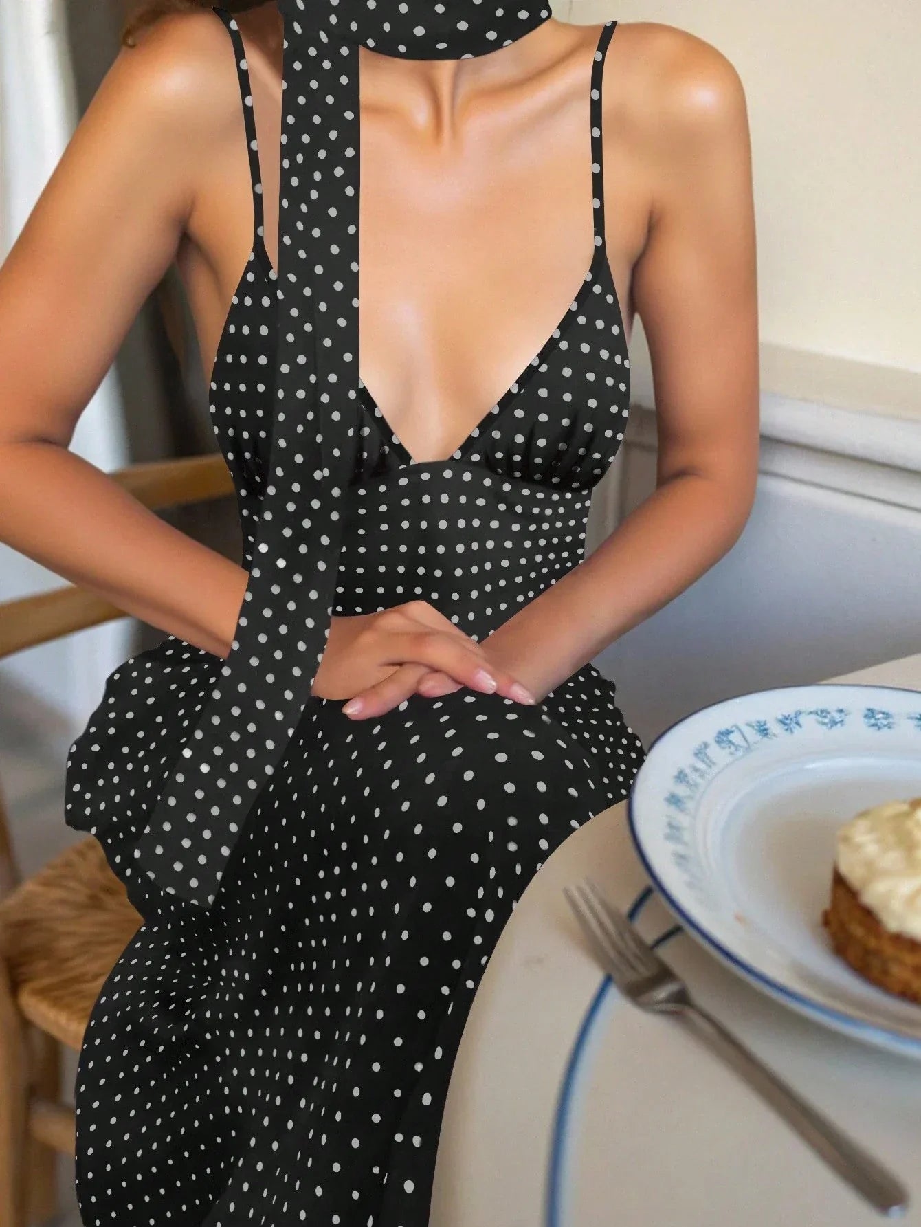 Women's Polka Dot Backless Midi Dress – Elegant Black Spaghetti Strap Dress