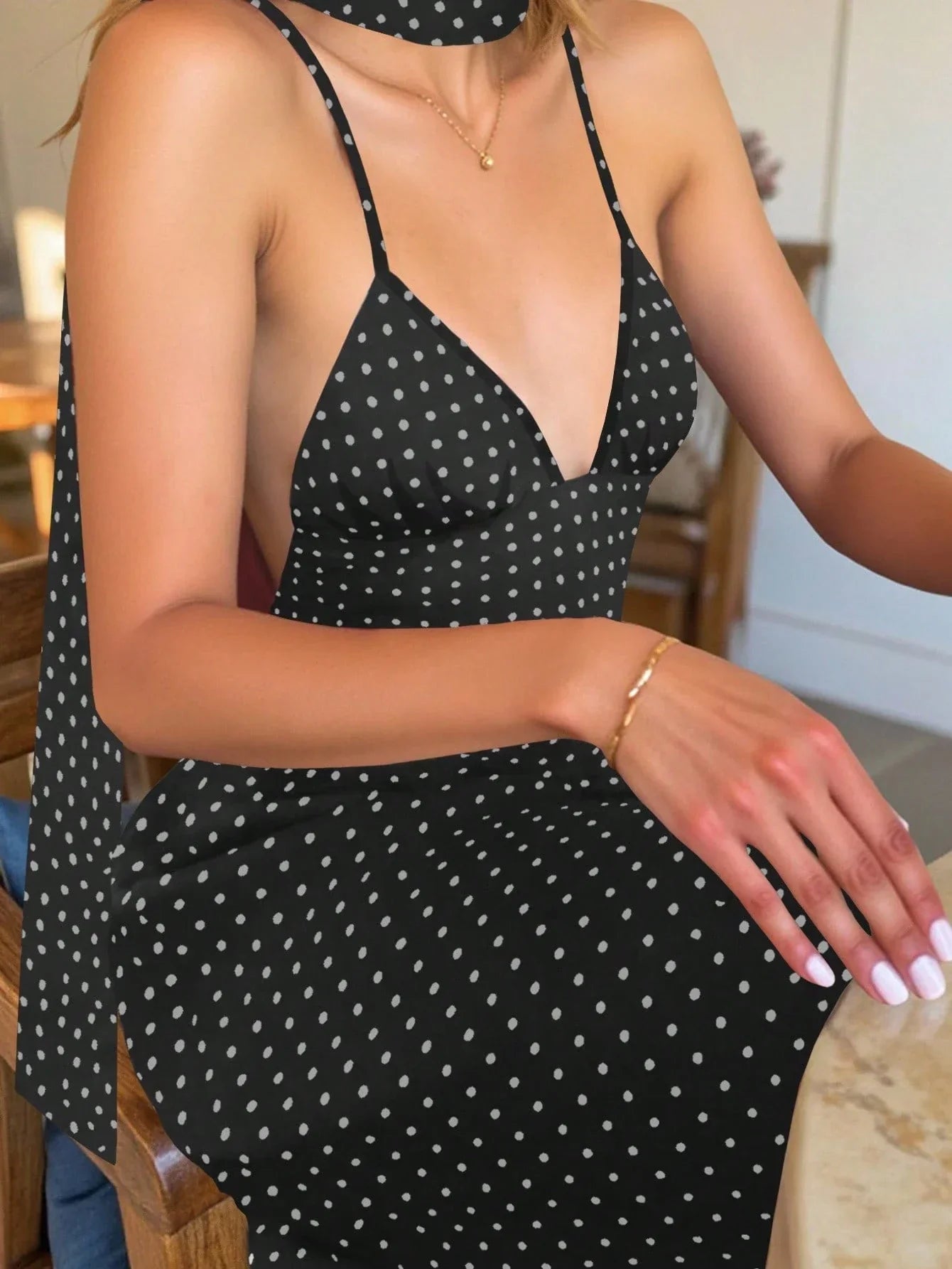 Women's Polka Dot Backless Midi Dress – Elegant Black Spaghetti Strap Dress