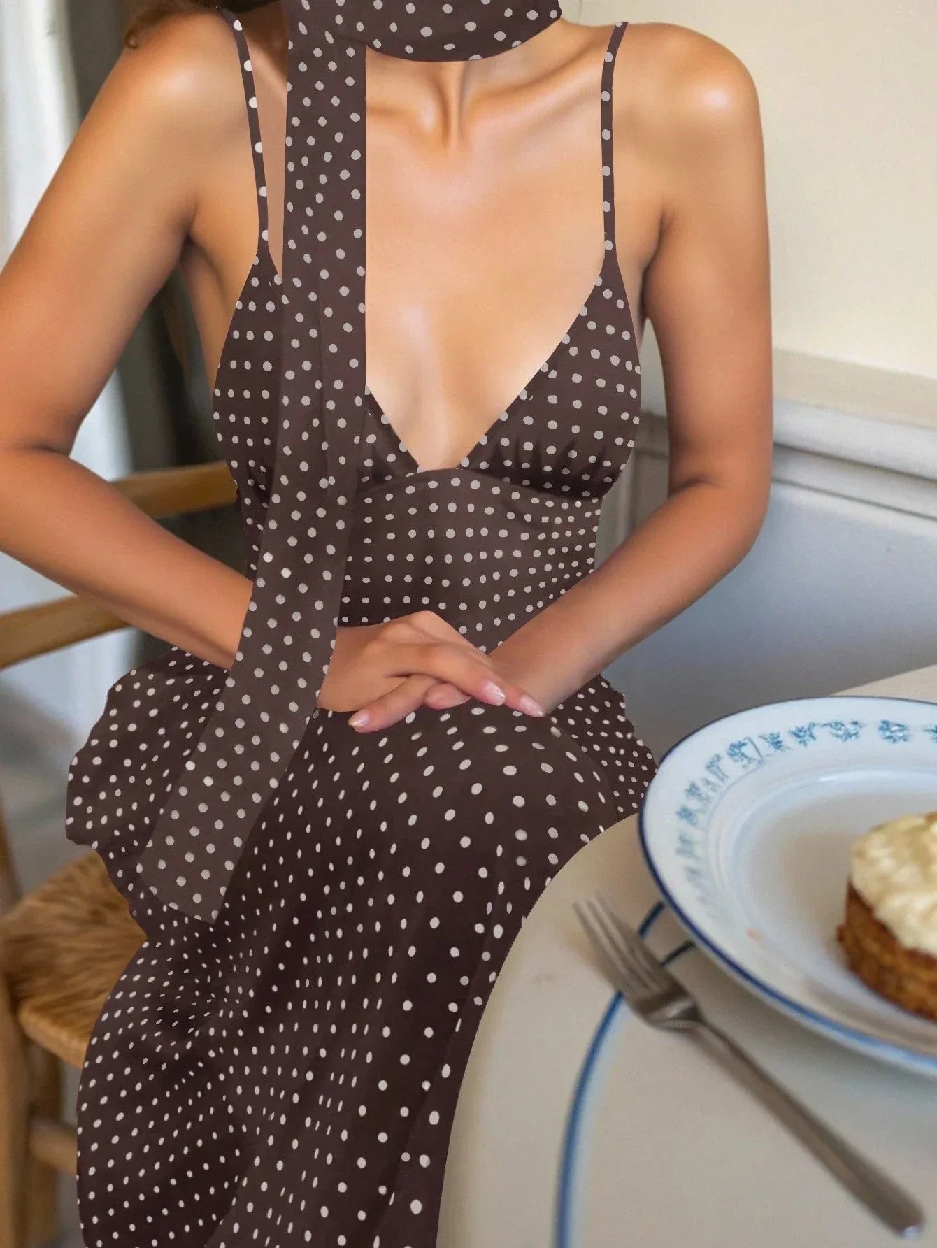 Women's Polka Dot Backless Midi Dress – Sexy Brown Spaghetti Strap Dress