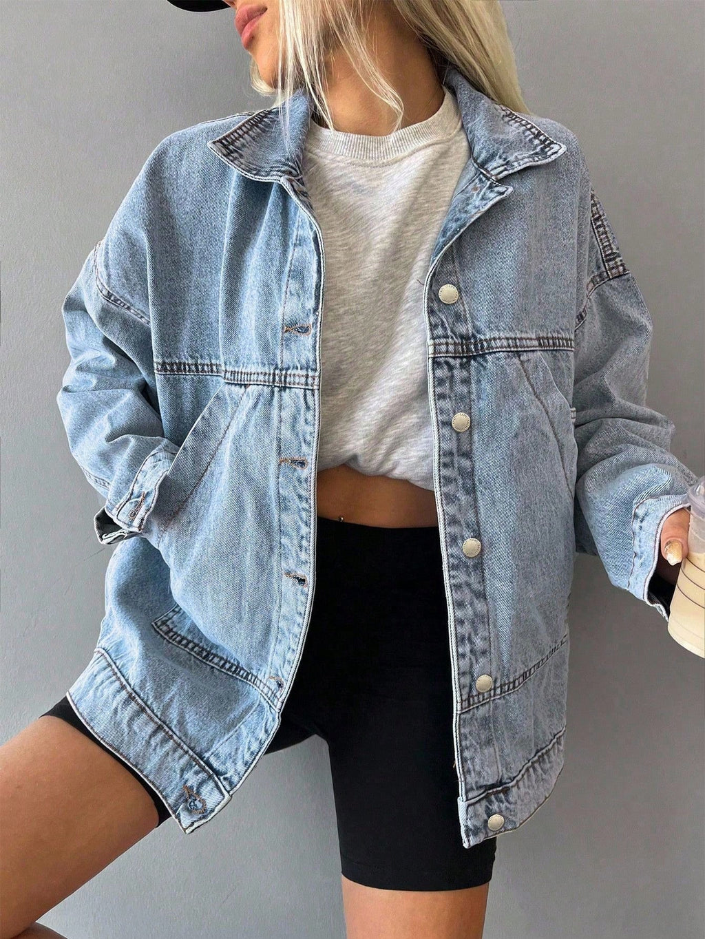 Women's Oversized Denim Jacket – Casual Light Wash Button-Up Coat