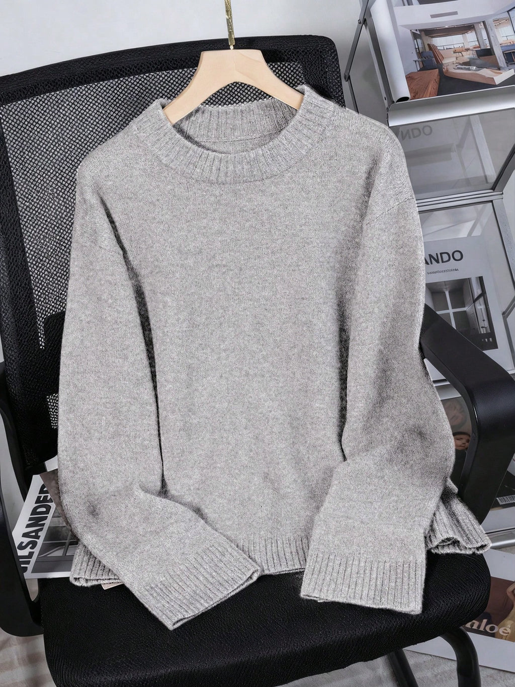 Women's Loose Knit Sweater – Casual Drop Shoulder Stand Collar Pullover