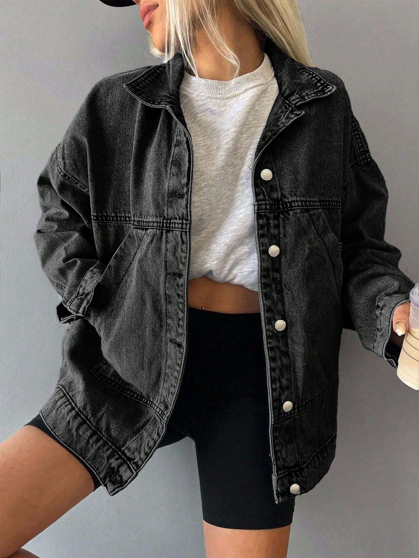 Women's Oversized Denim Jacket – Casual Light Wash Button-Up Coat