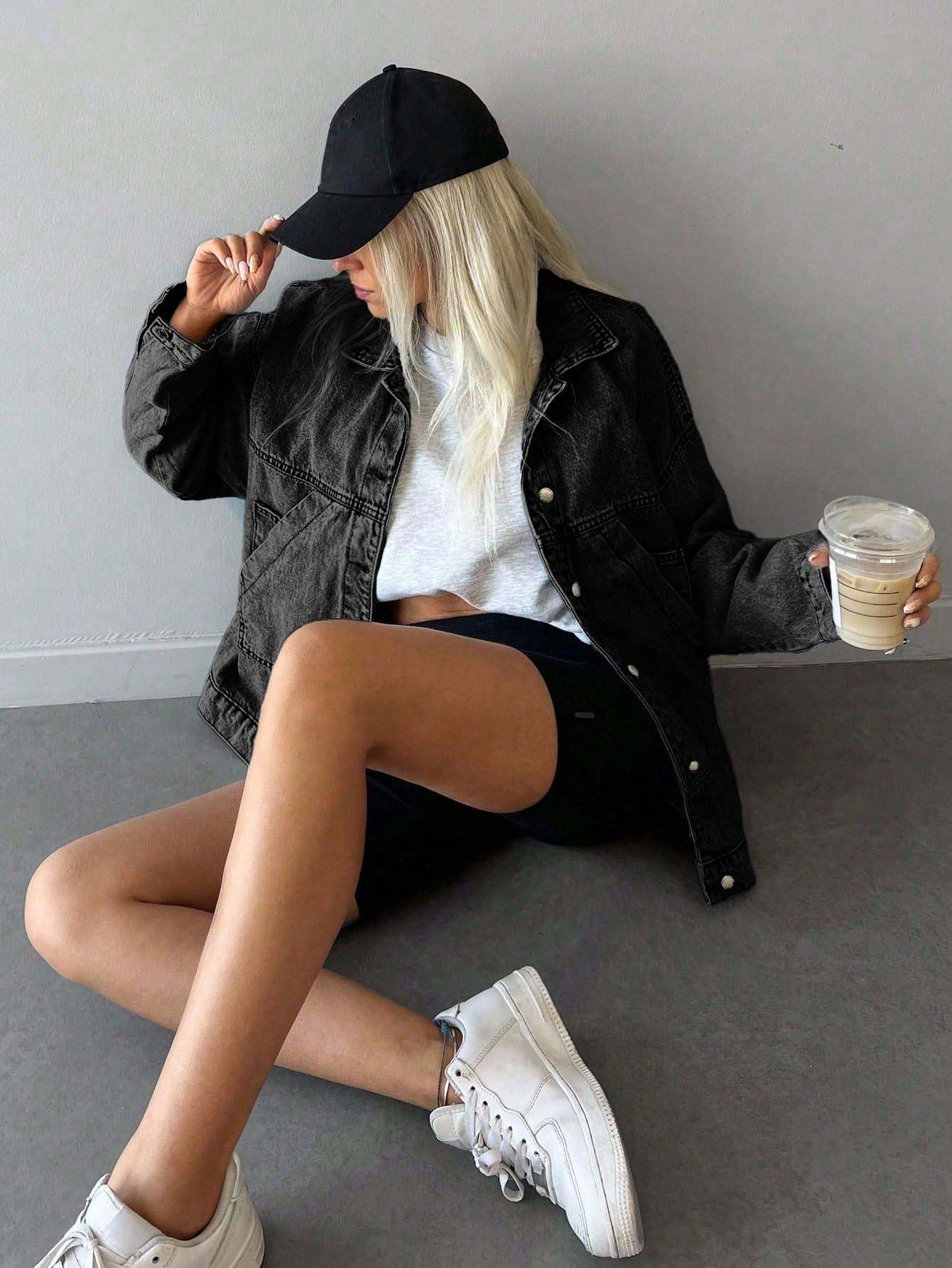 Women's Oversized Denim Jacket – Casual Light Wash Button-Up Coat