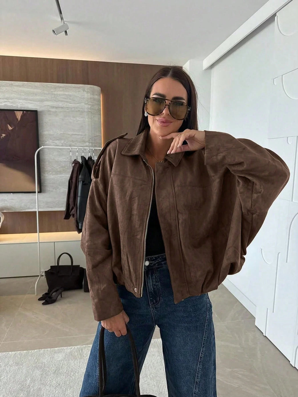 Women's Faux Suede Jacket – Casual Button Zip Long Sleeve Coat