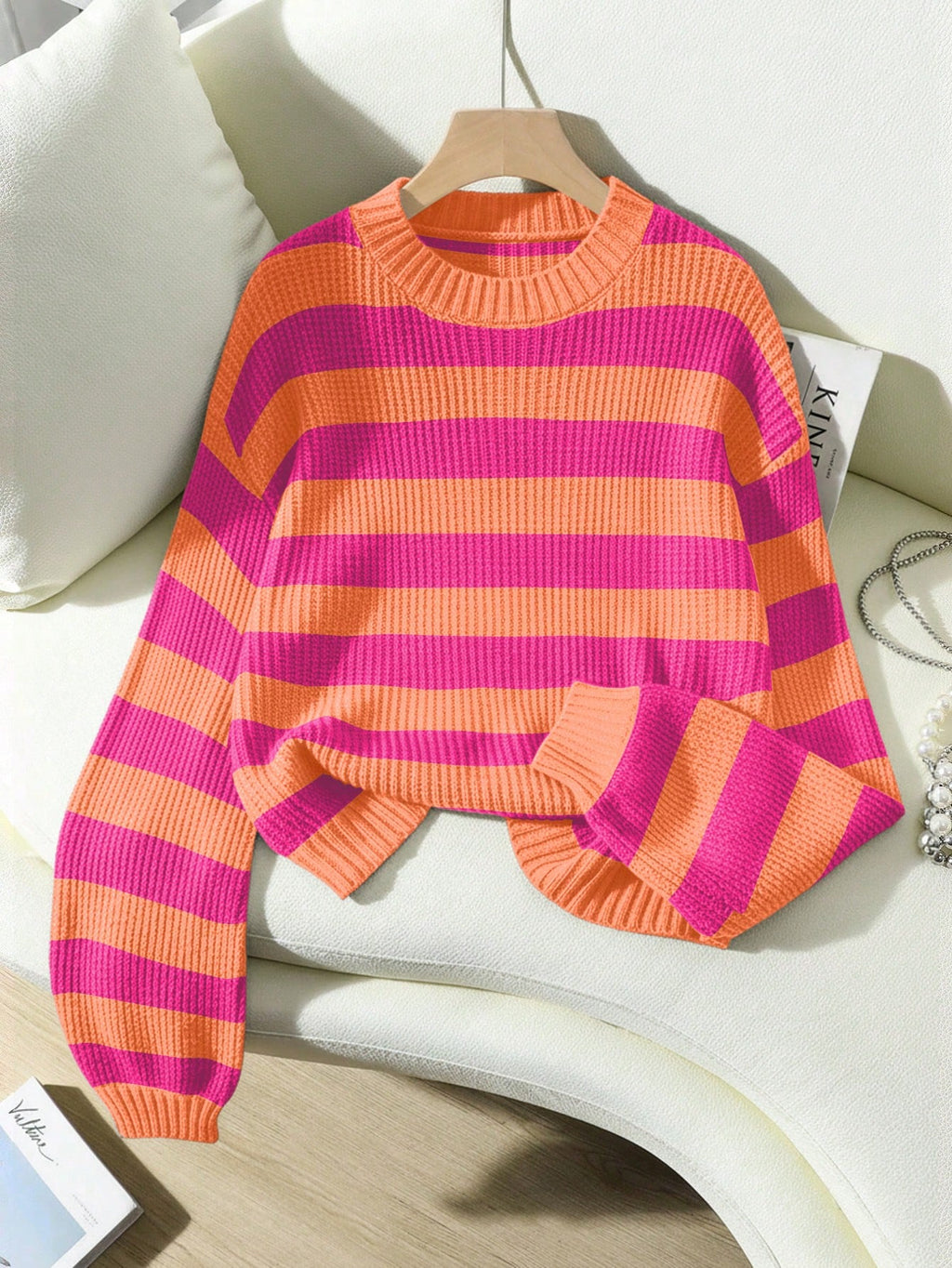Women's Striped Knit Sweater – Casual Drop Shoulder Long Sleeve Pullover