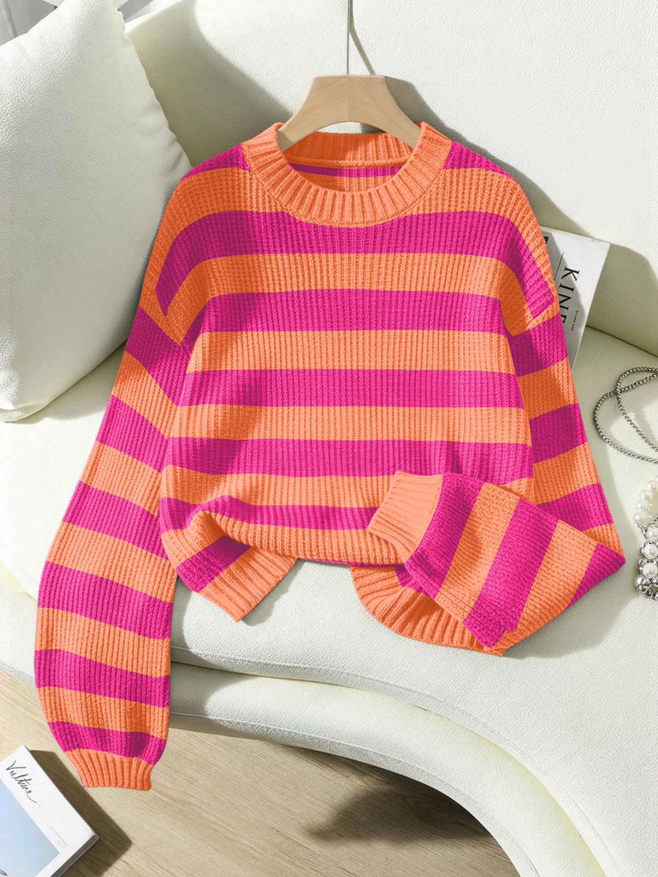 Women's Striped Knit Sweater – Casual Drop Shoulder Long Sleeve Pullover