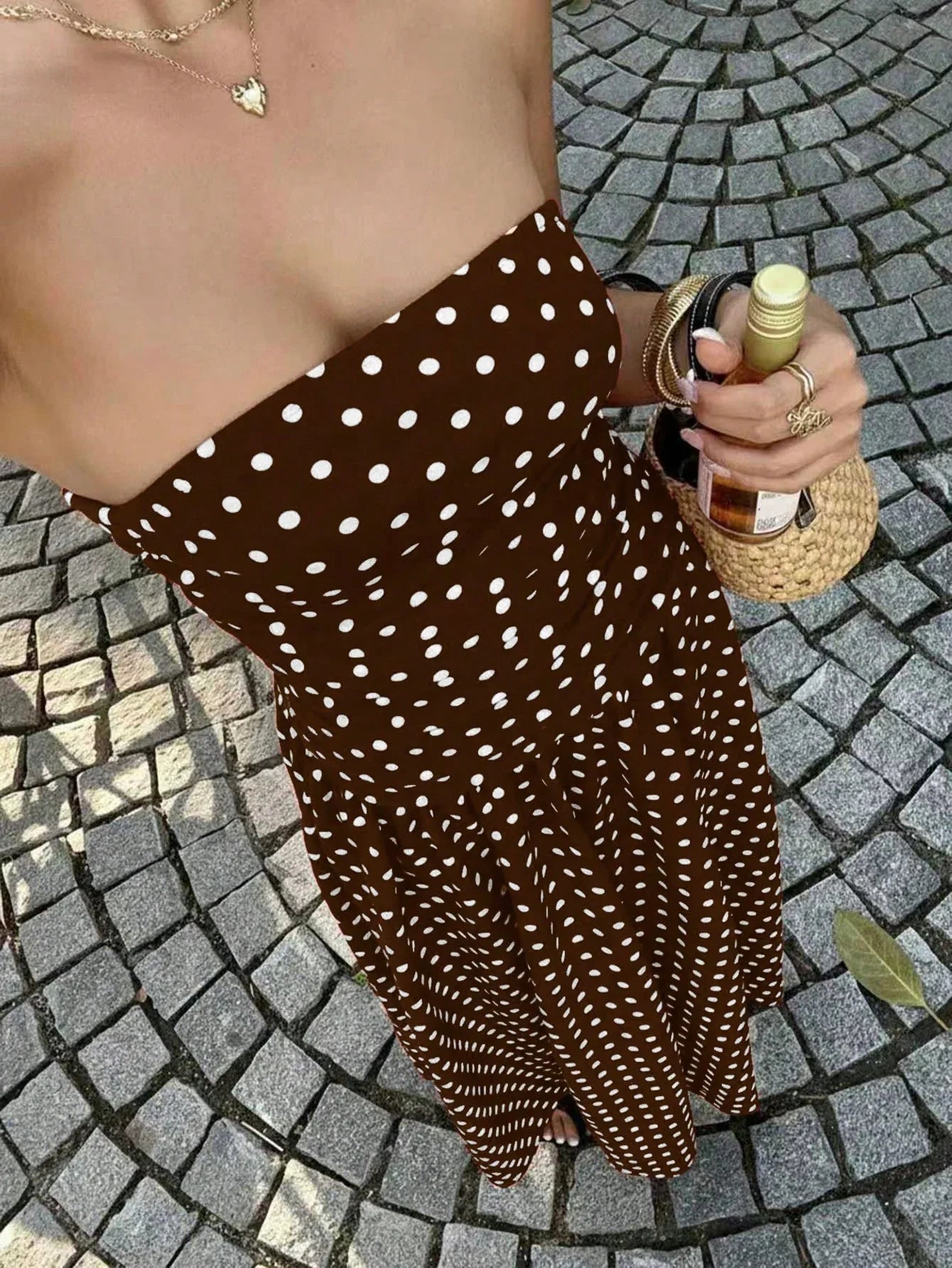 Women's Polka Dot Strapless Maxi Dress – Backless A-Line Vacation Sundress