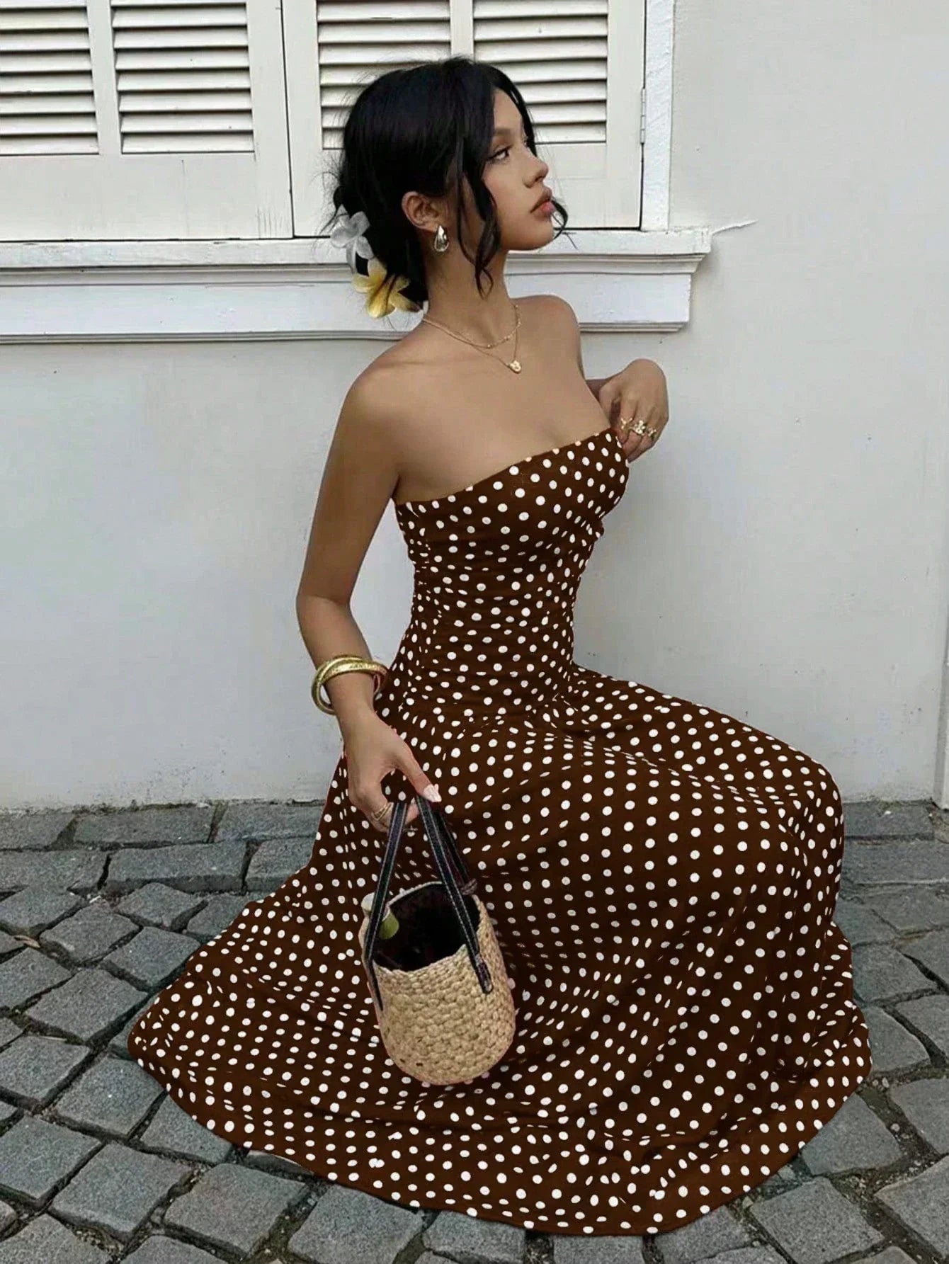 Women's Polka Dot Strapless Maxi Dress – Backless A-Line Vacation Sundress