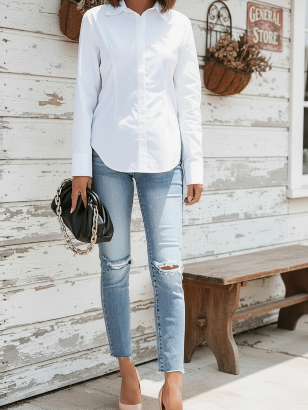 Women's Elegant Button-Up White Shirt – Casual Long Sleeve Office Blouse