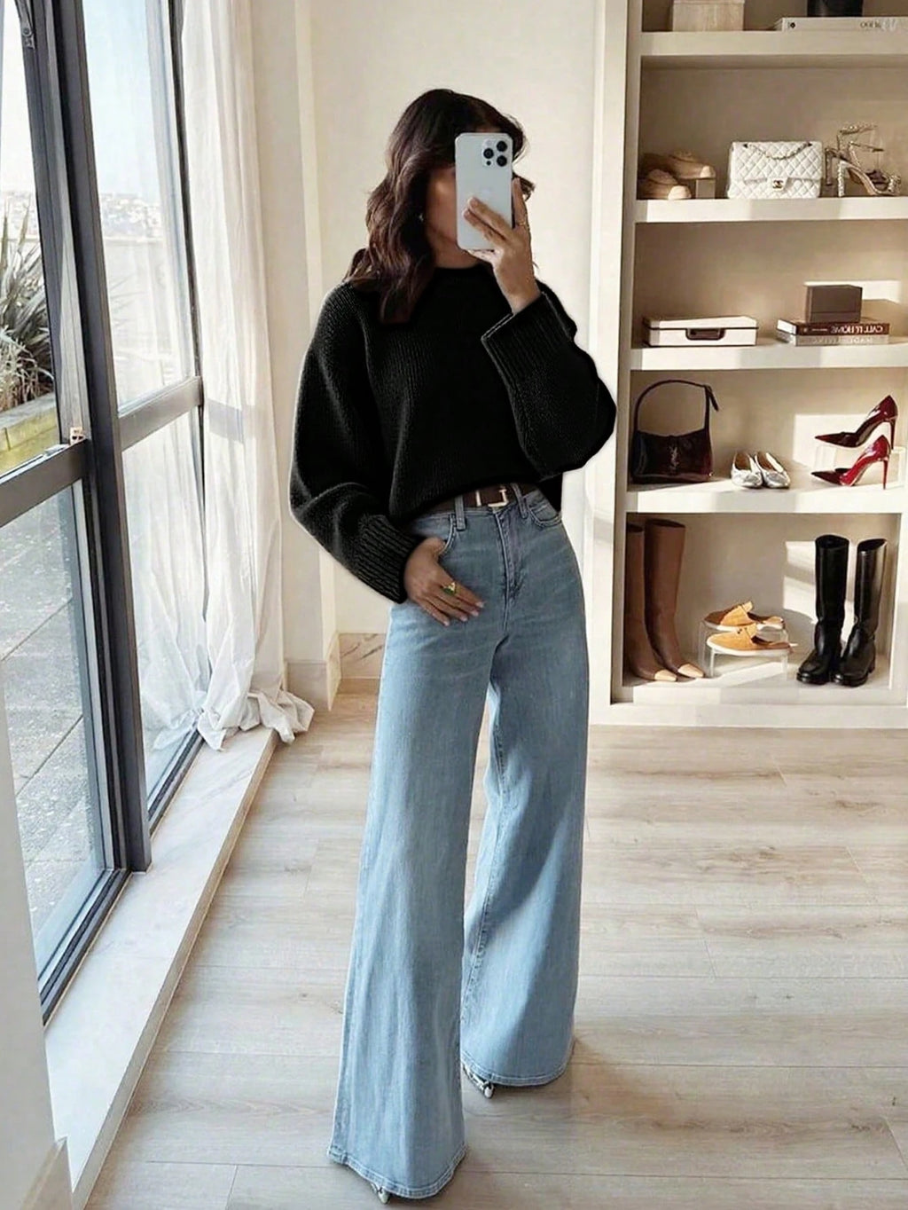 Women's Loose Knit Sweater – Casual Drop Shoulder Stand Collar Pullover