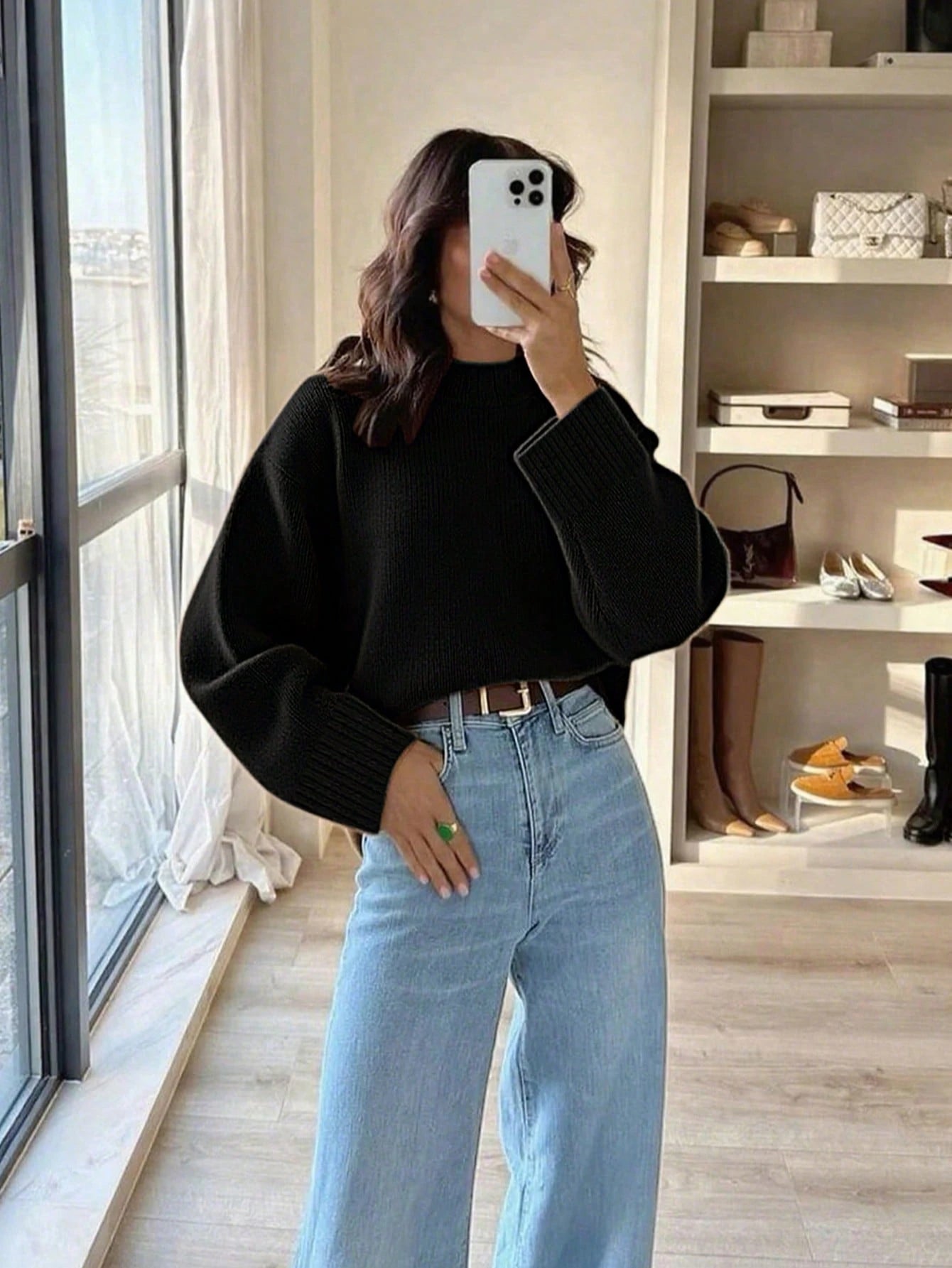 Women's Loose Knit Sweater – Casual Drop Shoulder Stand Collar Pullover