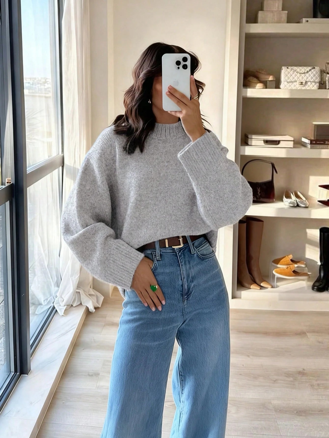 Women's Loose Knit Sweater – Casual Drop Shoulder Stand Collar Pullover