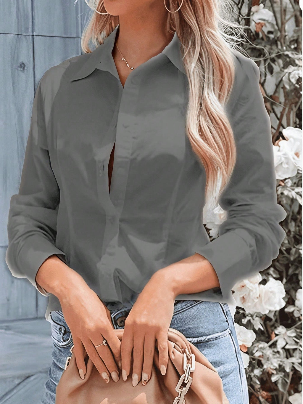 Women's Elegant Button-Up White Shirt – Casual Long Sleeve Office Blouse
