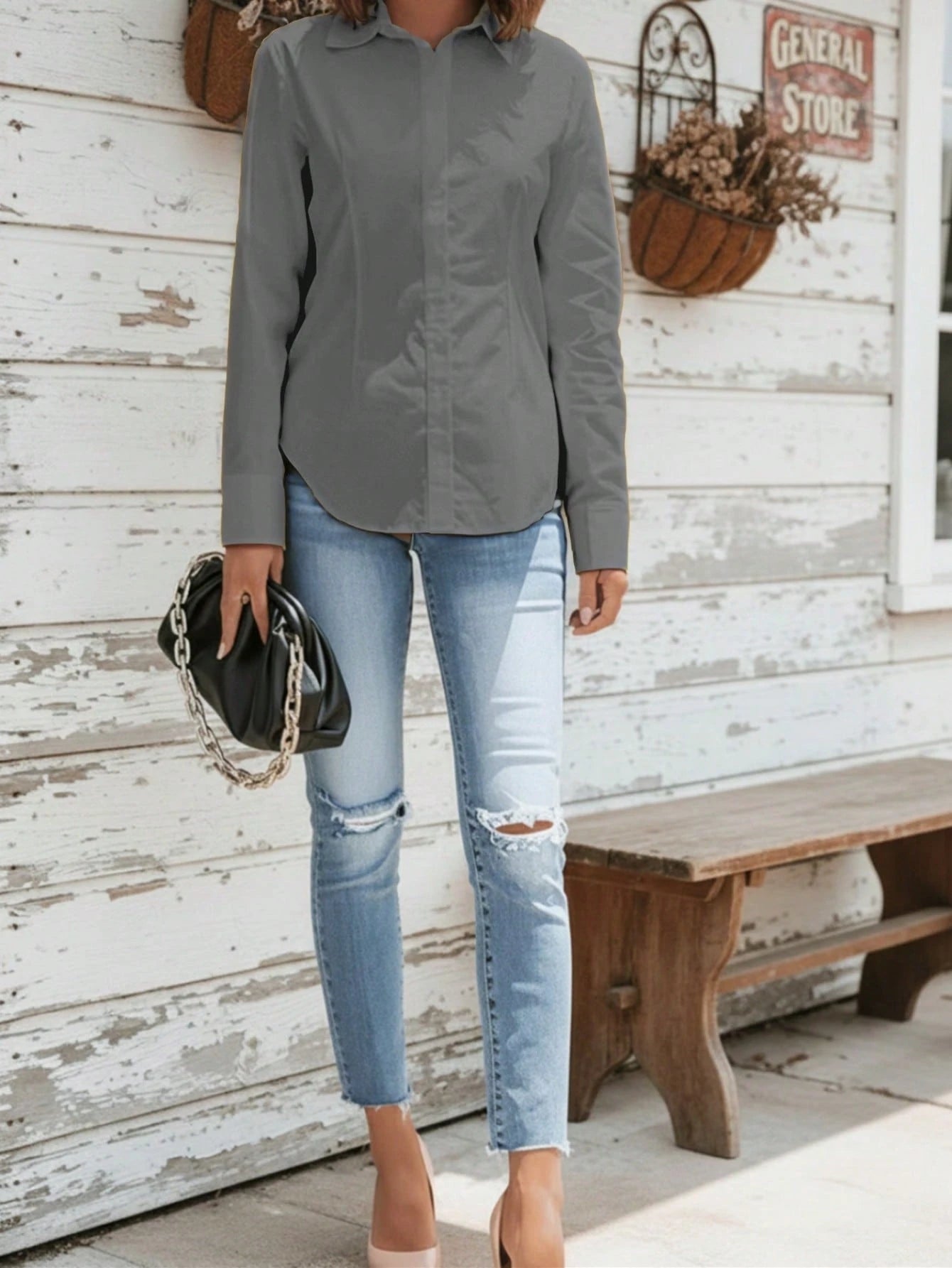 Women's Elegant Button-Up White Shirt – Casual Long Sleeve Office Blouse