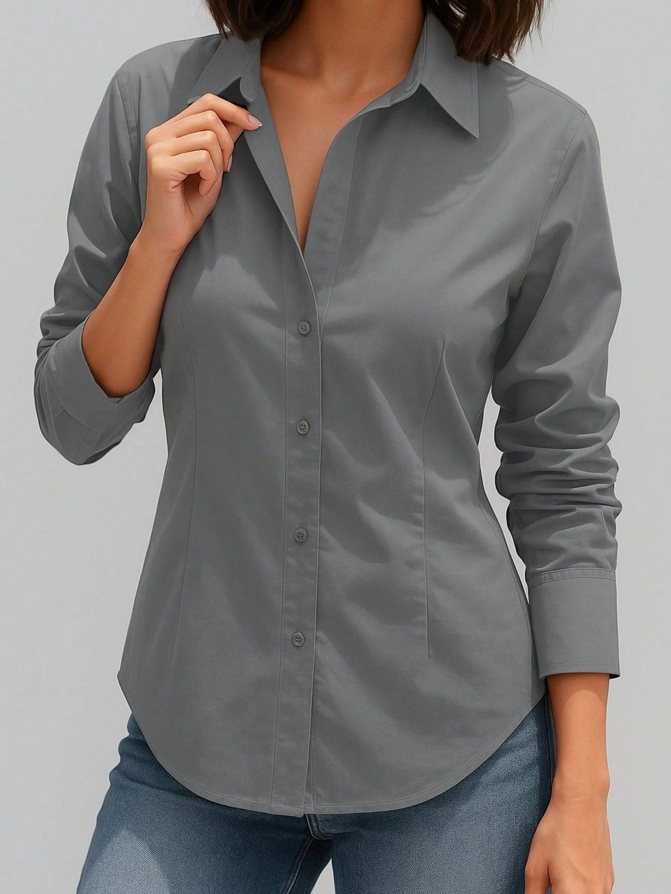 Women's Elegant Button-Up White Shirt – Casual Long Sleeve Office Blouse