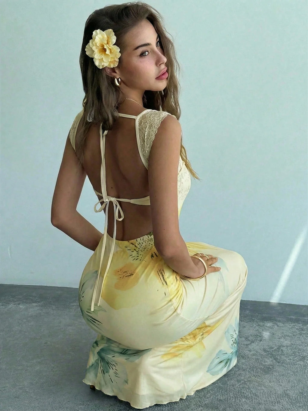 Women's Floral Mesh Backless Mermaid Maxi Dress – Yellow Gradient Bodycon Dress