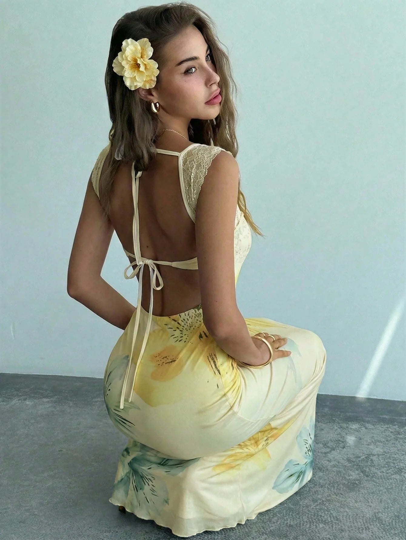 Women's Floral Mesh Backless Mermaid Maxi Dress – Yellow Gradient Bodycon Dress