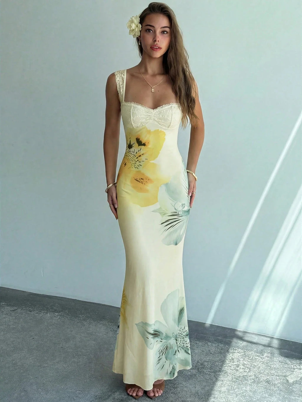 Women's Floral Mesh Backless Mermaid Maxi Dress – Yellow Gradient Bodycon Dress