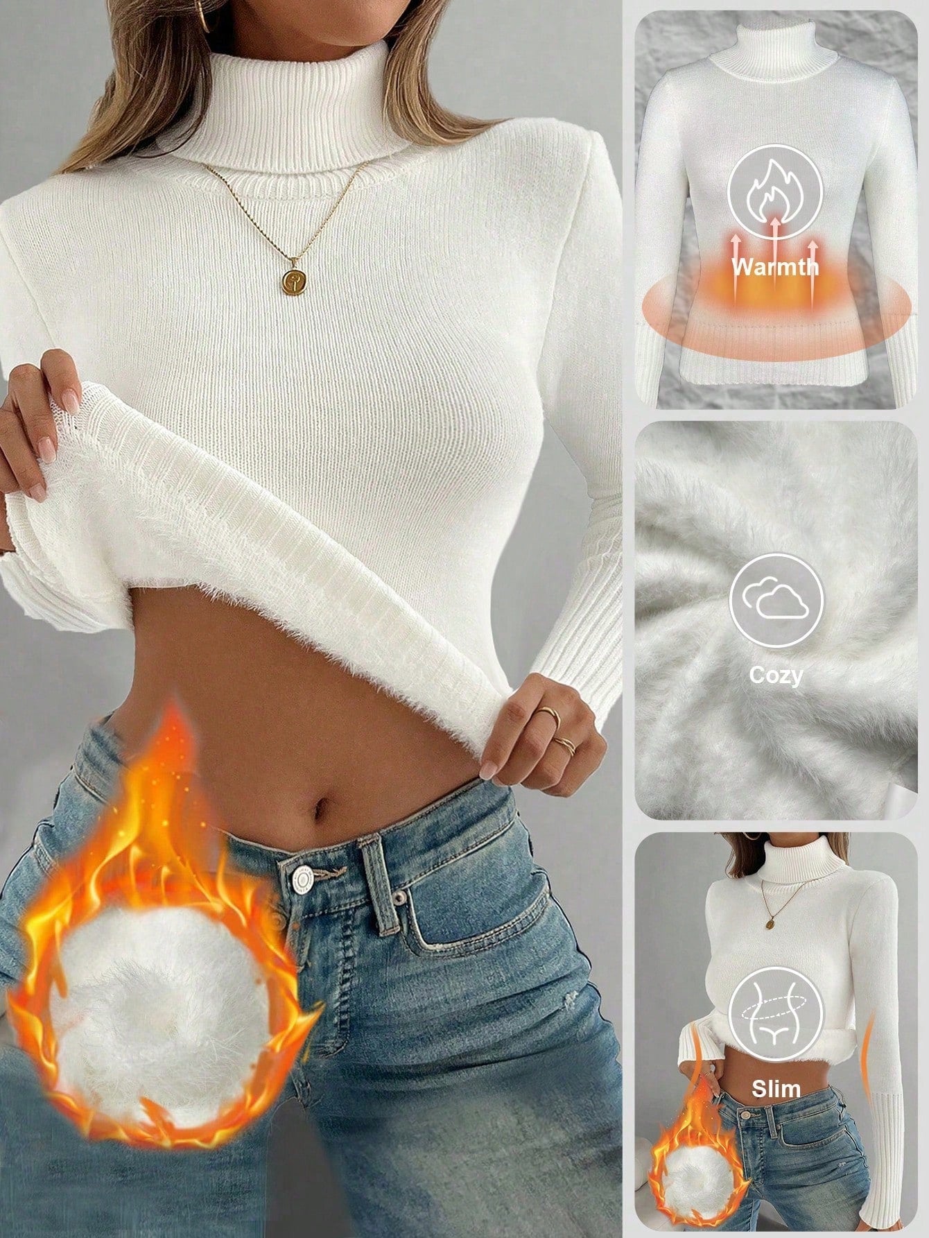 Women's Thermal High Neck Knit Sweater – Slim Fit Seamless Pullover
