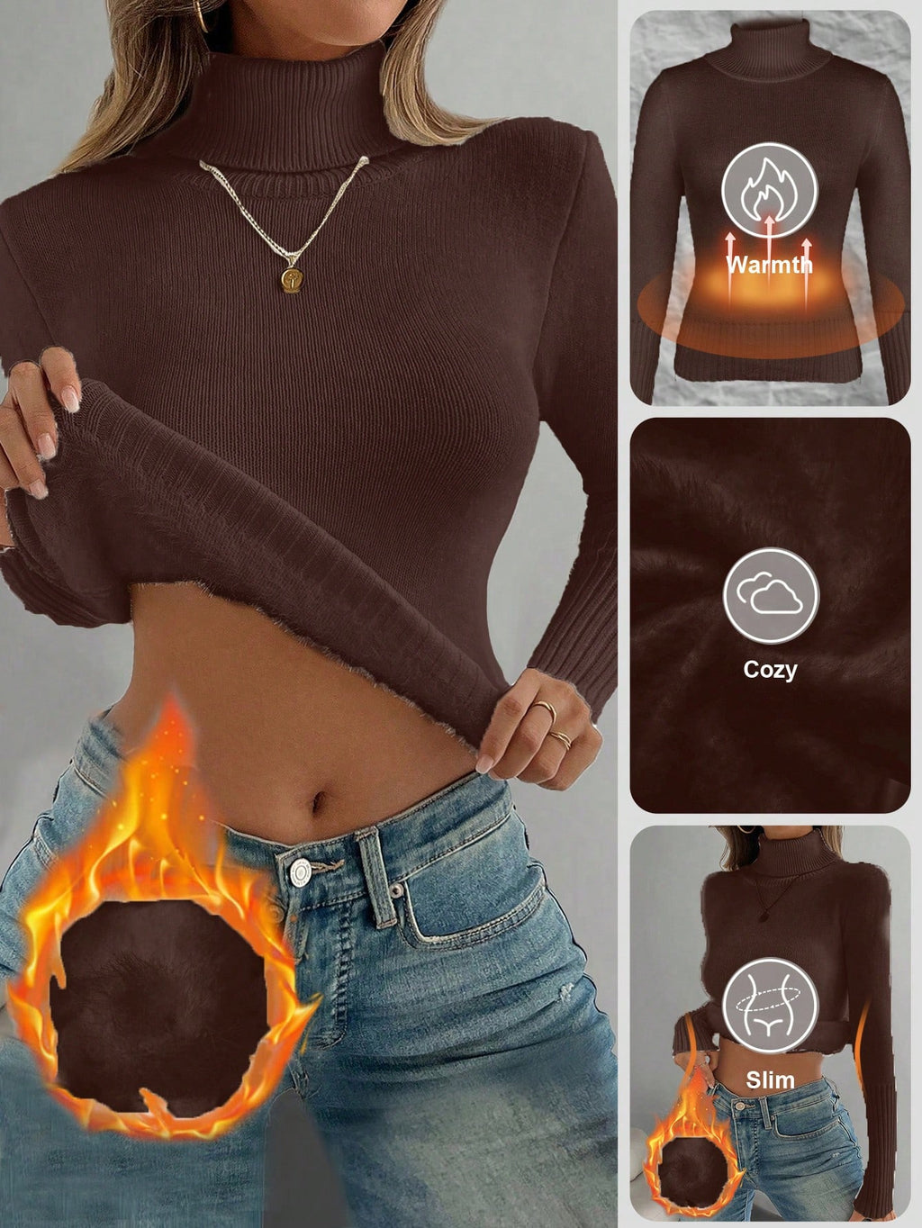 Women's Thermal High Neck Knit Sweater – Slim Fit Seamless Pullover