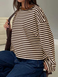 Women's Striped Ribbed Knit Casual Top – Loose Fit Long Sleeve Pullover