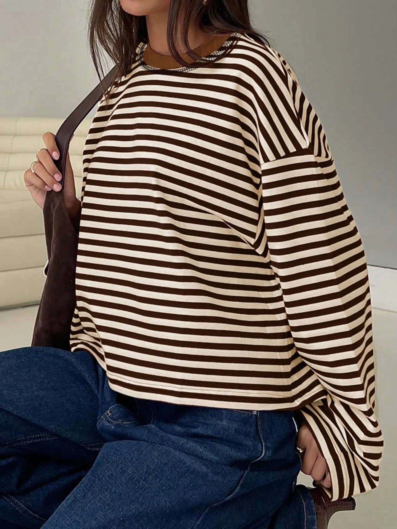 Women's Striped Ribbed Knit Casual Top – Loose Fit Long Sleeve Pullover