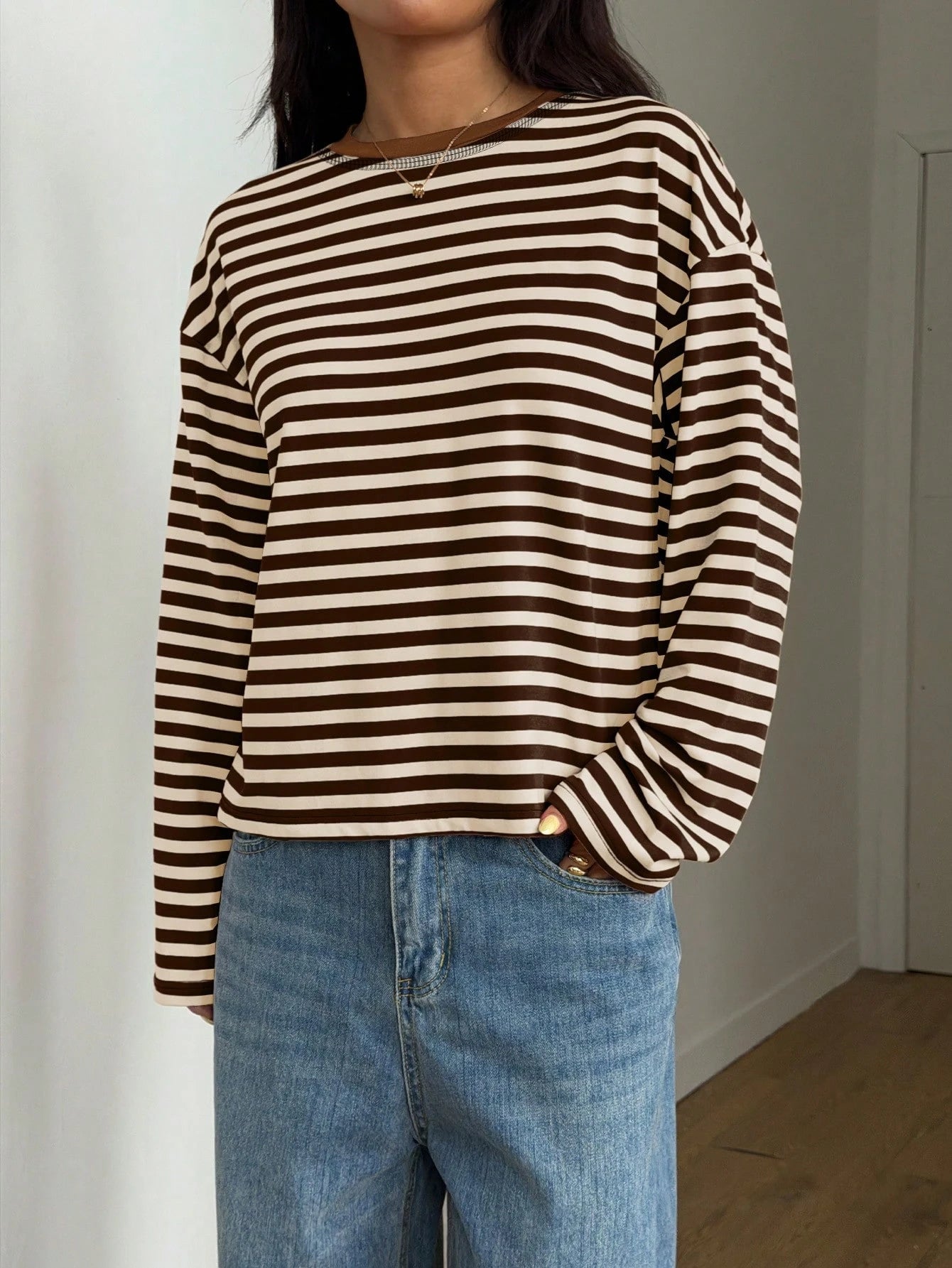 Women's Striped Ribbed Knit Casual Top – Loose Fit Long Sleeve Pullover